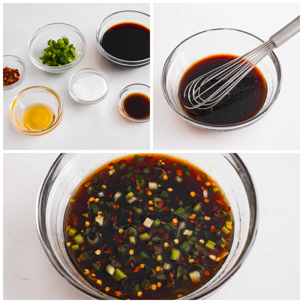 Potsticker sauce is easy to make at home and is the perfect dipping sauce for potstickers or any Asian appetizer! This delicious sauce is salty, tangy, and has a touch of sweetness to balance out the flavors. First photo of ingredients in separate bowls. Second photo of the sauce whisked together in a clear bowl. Third photo of the sauce in a bowl with onions and red pepper flakes garnished on top.