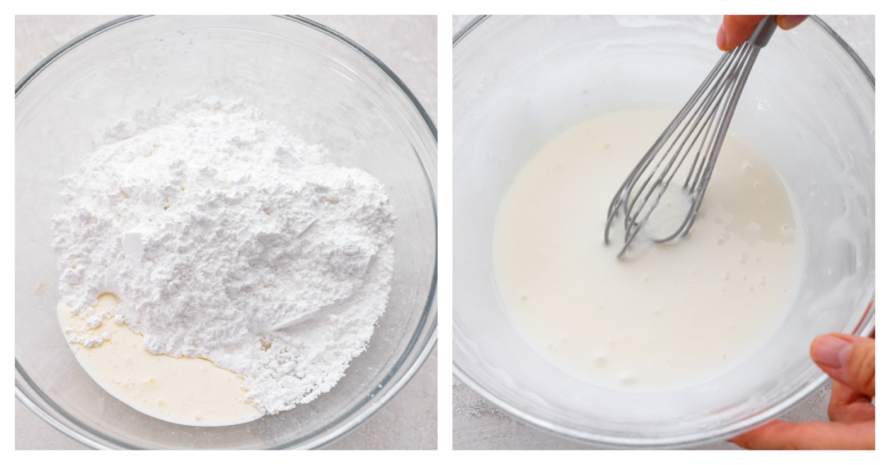 Sweet and silky Powdered Sugar Glaze is the perfect topping for your baked goods and desserts. It is so simple to make with just 3 ingredients and will be the perfect addition to your goodies! Powdered sugar in a glass bowl with milk and vanilla extract, and then it all whisked together.
