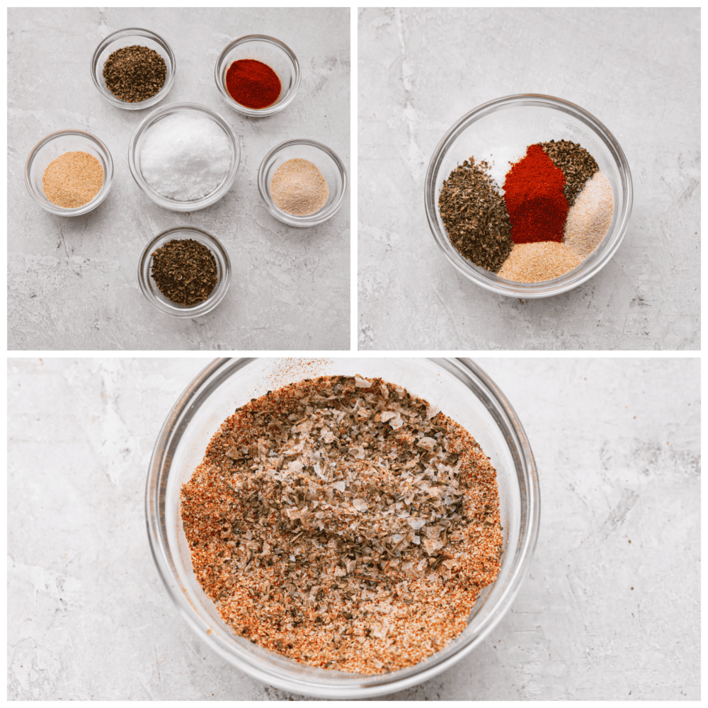 Prime Rib Rub takes 5 minutes to make and will be a staple in your spice cabinet! It is so fresh and flavorful you won't want to have your prime rib any other way. Process photos showing all of the seasonings in different bowls, then together in one bowl, then all mixed together.