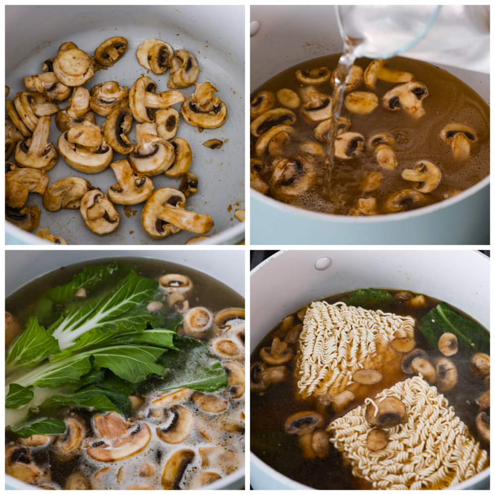 Quick and easy homemade ramen. This broth is simple to make yet bold and flavorful. Itโs perfect for pouring over some ramen noodles and loading up with your favorite toppings! This is an easy dinner that everyone will love! 4-photo collage of ramen broth being prepared.