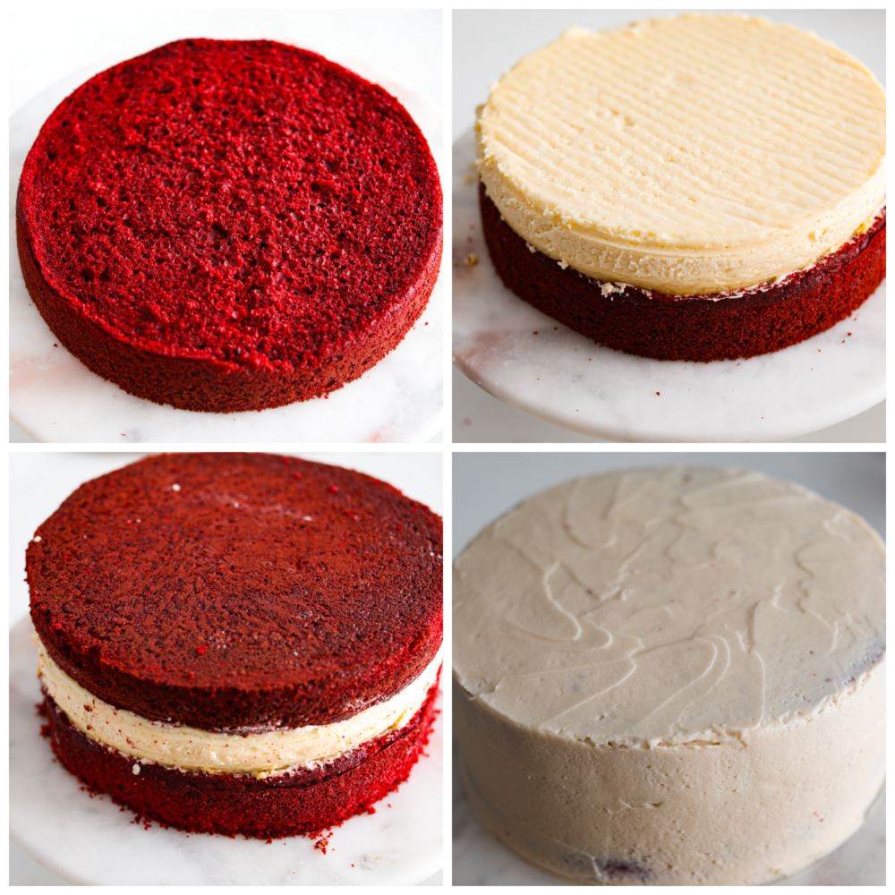 Can’t decide between red velvet cake and cheesecake? Why not both! This dreamy dessert is made with layers of moist red velvet cake and rich cheesecake topped with a luscious cream cheese frosting. 4-photo collage of red velvet cheesecake being assembled and frosted.