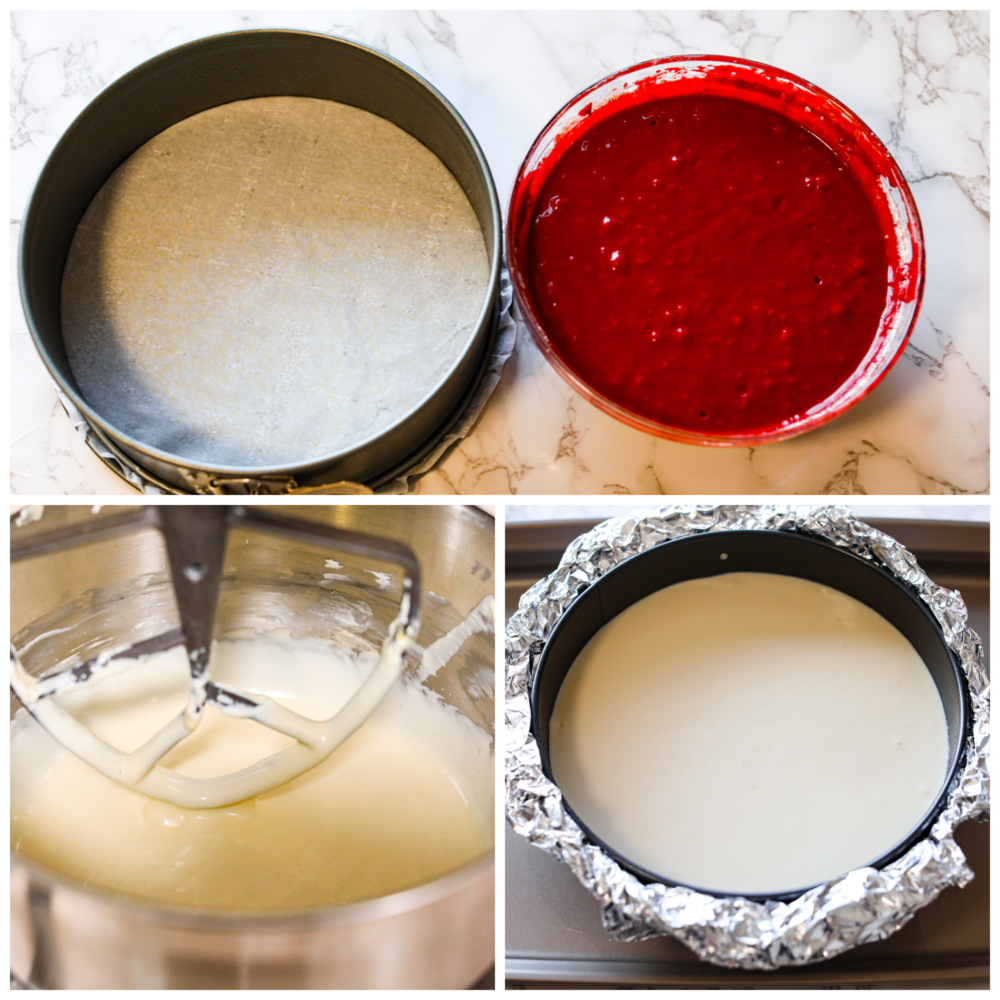 Can’t decide between red velvet cake and cheesecake? Why not both! This dreamy dessert is made with layers of moist red velvet cake and rich cheesecake topped with a luscious cream cheese frosting. 3-photo collage of cake batter and cheesecake being prepared.