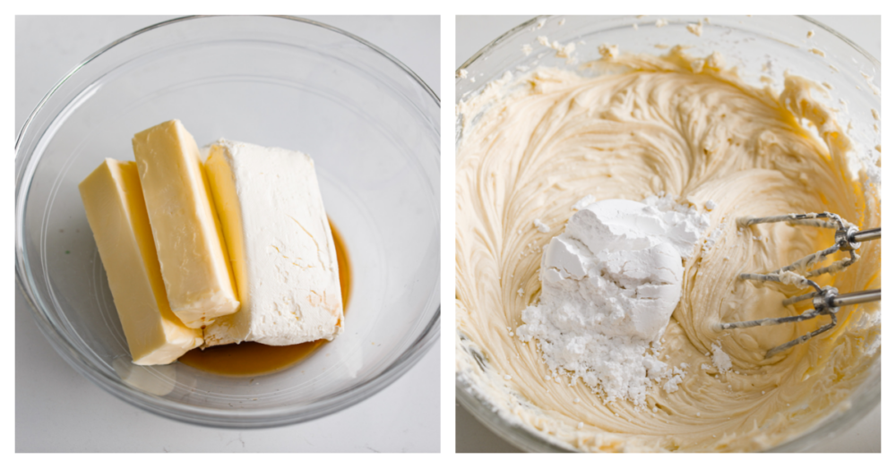 Can’t decide between red velvet cake and cheesecake? Why not both! This dreamy dessert is made with layers of moist red velvet cake and rich cheesecake topped with a luscious cream cheese frosting. 2-photo collage of cream cheese frosting being prepared.