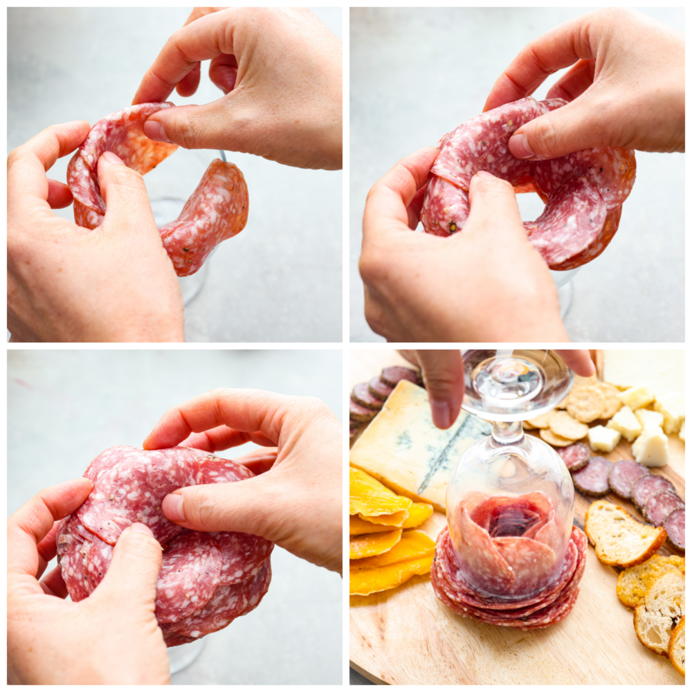 A salami rose is the perfect way to dress up your charcuterie board. This recipe will show you how to make a salami rose in two different ways that will be fun to put together and really wow your guests! A step by step visual explanation of how to put together a salami rose using a wine glass.