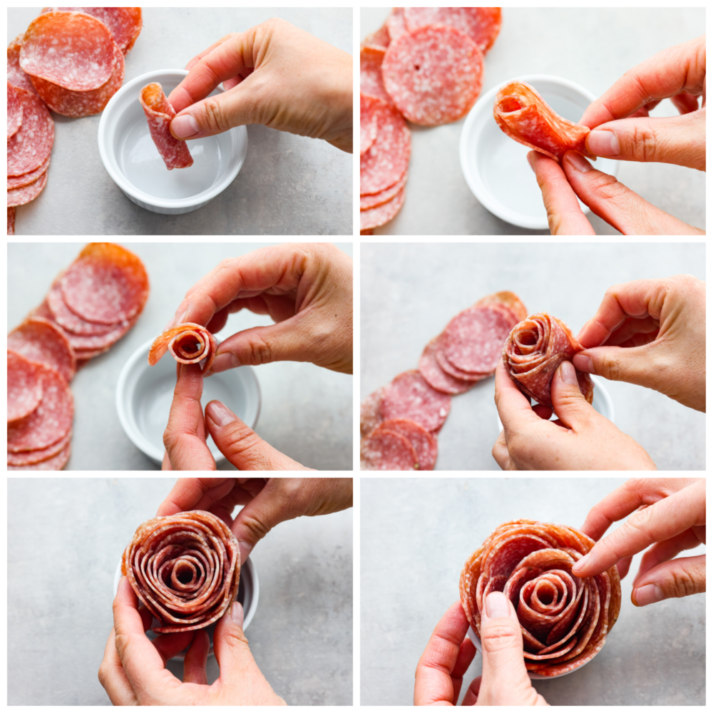 A salami rose is the perfect way to dress up your charcuterie board. This recipe will show you how to make a salami rose in two different ways that will be fun to put together and really wow your guests! Process photos showing the step by step process of how to put together a salami rose without a glass and putting them in a small bowl at the end.