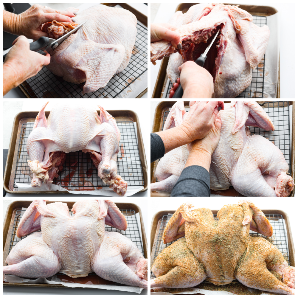 A Spatchcock Turkey cooks faster and more evenly, and will be the most tender and juicy turkey you've ever cooked! Roasted or smoked, this turkey will wow your guests come Thanksgiving day. Images showing the process of how to spatchcock a turkey.