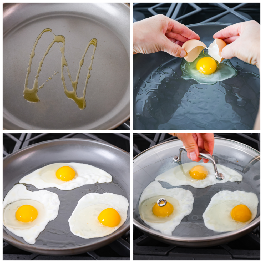 A Sunny Side Up Egg is a perfect way to add protein to a meal, and is a must-have skill in the kitchen! The key is timing and temperature, and following my simple tips you'll whip up the most flavorful and perfectly runny pan-fried egg. Process photos showing oil heating up in a pan, then eggs added, them cooked and being covered.