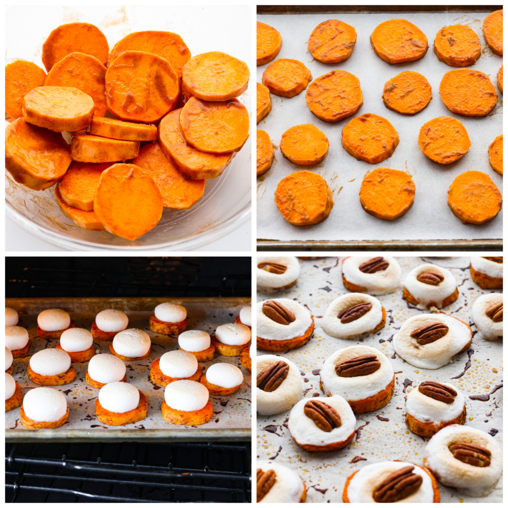 Sweet potato bites are a fun twist on the classic sweet potato casserole. The comforting flavors of sweet potatoes, fluffy marshmallows, and pecans transform into a cute and delicious hand-held bite. First photo of potato slices in a large bowl tossed with the butter mixture. Second photo of the potato slices on the prepared baking sheet pan. Third photo of the marshmallows broiling on top of the potato slices. Fourth photo of finished sweet potato bites on the baking sheet pan.