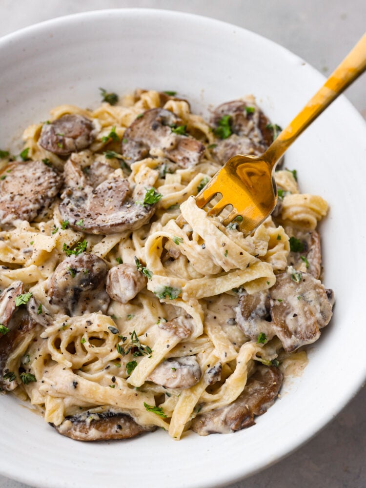 Tagliatelle pasta is thick, soft, and perfect for all of your homemade sauces! Here's how to cook it perfectly every time! Tagliatelle pasta served with mushroom sauce. There is a bite being taken out with a gold fork.