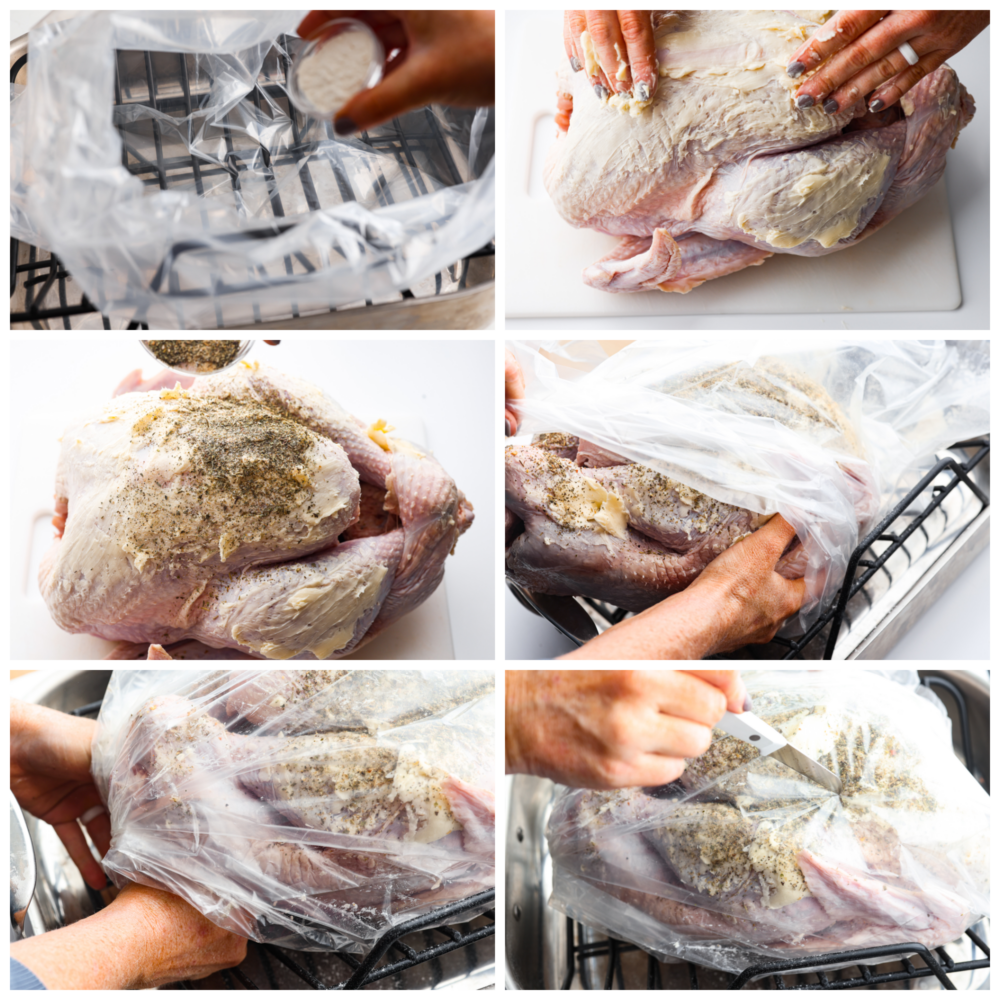 Thanksgiving dinner is made easy with this incredibly moist and perfectly cooked turkey in a bag. The oven-safe roasting bag creates a tender and golden turkey with just a few simple steps making this the BEST way to cook a turkey. First photo of adding flour to the bag. Second photo of rubbing butter. Third photo of adding seasoning. Fourth photo of placing the bird in the bag. Fifth photo is tying the bag. Sixth photo of cutting slits.