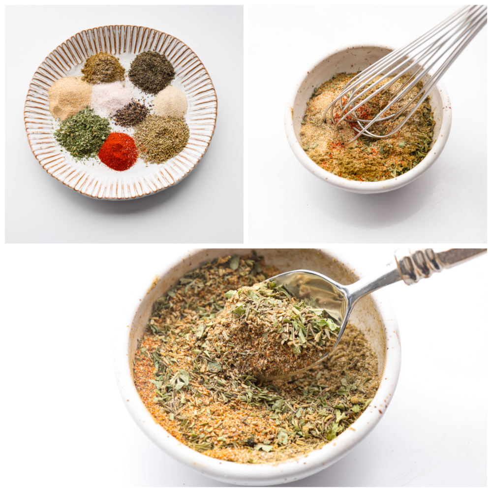 Look no further for the BEST turkey seasoning recipe you will ever make! The combination of herbs and spices in this rub will flavor your turkey to perfection and it will be your go-to turkey rub. First process photo is the dried herbs and seasonings on a plate. Second photo is the ingredients in a bowl being whisked together. Third photo is a close up view of a spoon lifting out a spoonful of seasoning.