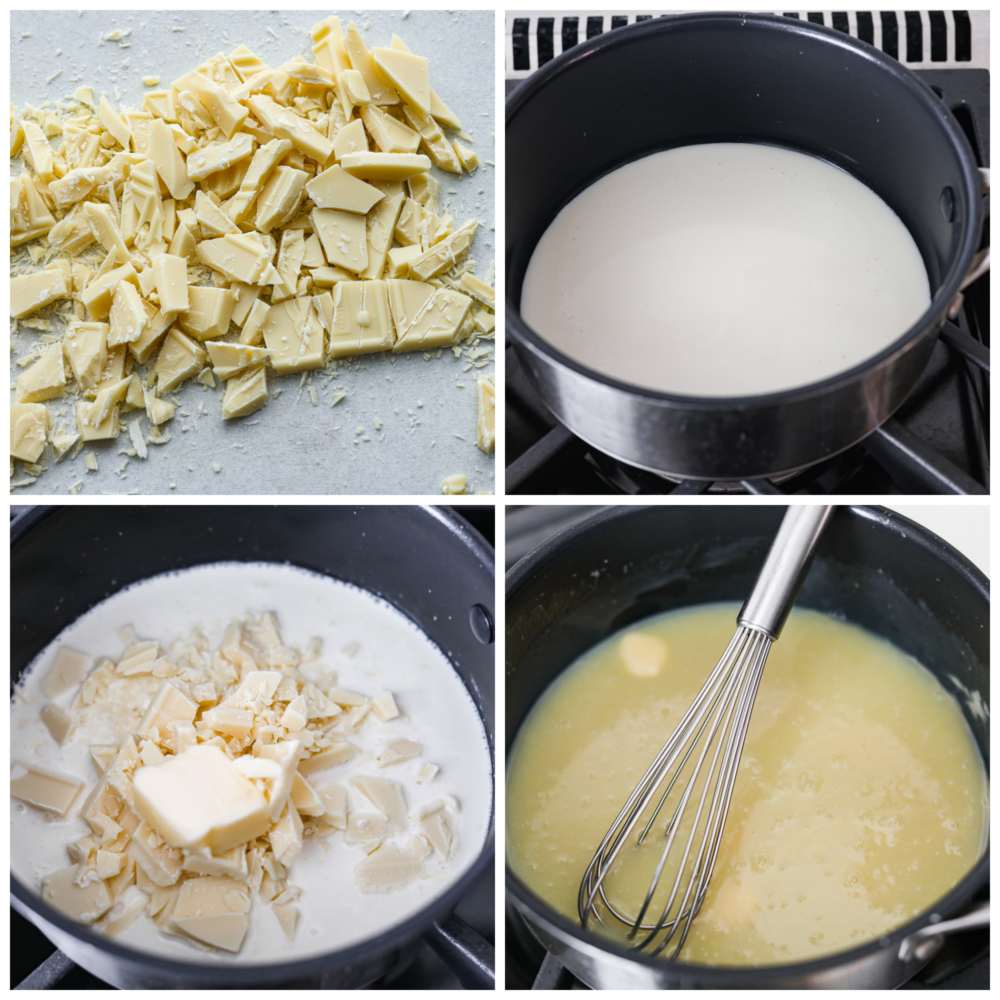 Homemade White Chocolate Sauce is a quick and creamy addition to any hot drink or dessert. It's perfect on top of pancakes and waffles, and will become a staple in your kitchen! Process photos showing chopped white chocolate, half and half heating in a pan, then the chocolate and butter being added, and then the finished product in the pan with a whisk resting in it.