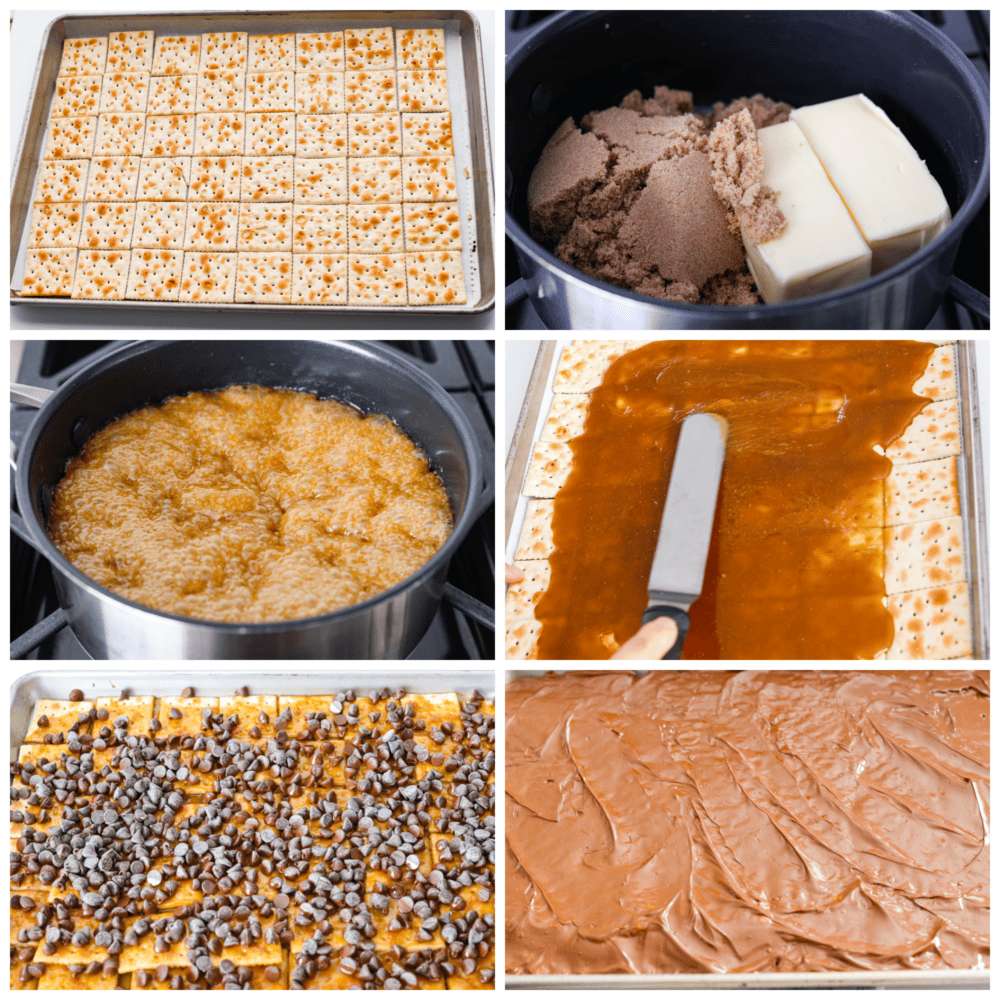 This is the Best Christmas Crack Recipe! It's a saltine cracker layered with toffee and creamy chocolate, then topped with crunchy pecans for the ultimate sweet and salty treat.ย This recipe is so easy, delicious, and addicting! Process photos showing saltine crackers laid out on a pan, then toffee being made in a pot and spread out on top of the crackers, then the chocolate chips melted and spread out.