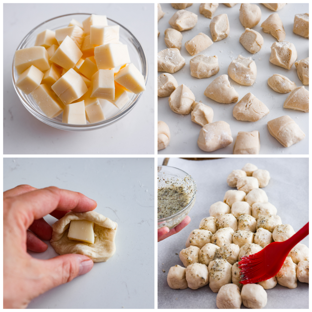 Christmas tree pull apart bread is cheesy on the inside, and soft and chewy on the outside! It is formed in the shape of a Christmas tree and baked to perfection. Served with your favorite marinara sauce, this is sure to become your new Christmas tradition! Process photos showing all of the cheese cut up, all of the dough cut up, the cheese folded inside of the dough, and then the Christmas tree being brushed with butter