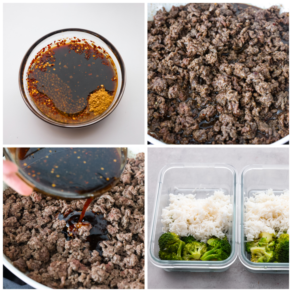 Ready to spice up your meal prep game? Look no further than these delicious Korean beef meal prep bowls! Perfect for busy moms on the go, these bowls are packed to the brim with flavor and nutrition. 4-photo collage of beef being marinated, cooked, and assembled with rice and veggies in the meal prep containers.