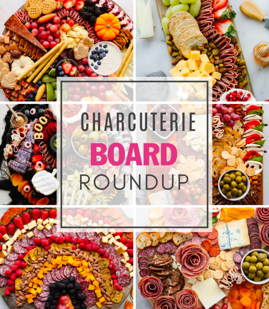 This charcuterie board roundup has the BEST snack boards! Ranging from simple to seasonal to ones you can use for any occasion, I have a board for your gatherings all year long! A collage of 6 pictures of charcuterie boards with the words "Charcuterie Board Roundup" in the center.