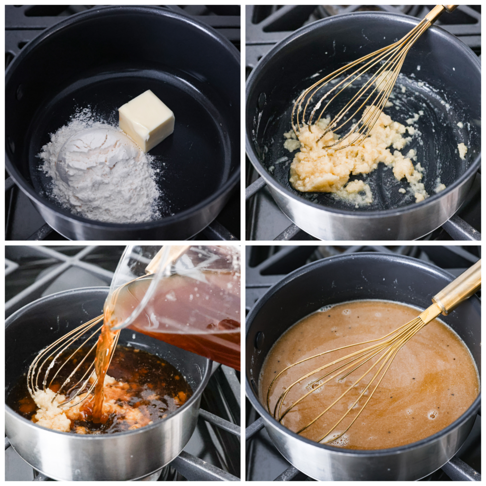 This Brown Gravy is quick and easy with no drippings needed! It's made with beef broth and bullion, giving it a rich deep flavor and it's ready in under 10 minutes. It's the perfect addition to any protein or on top of a mountain of mashed potatoes. Process photos showing the butter and flour in a pot turned into a roux, then the other ingredients all mixed together.