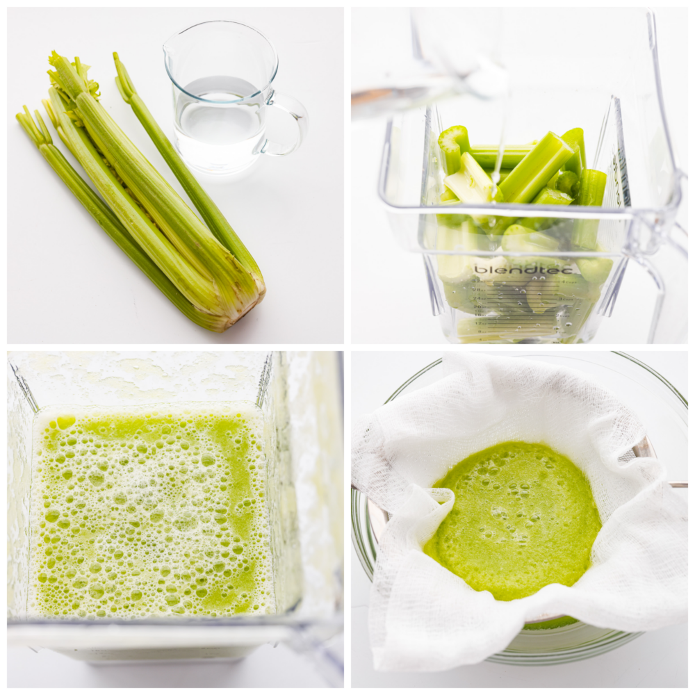 Celery juice is a healthy and refreshing drink full of beneficial nutrients for your body. This healthy juice is simple to make at home and it comes together quickly in a blender. First photo of a stalk of celery and a container of water. Second photo of celery pieces and water added to a blender. Third photo of blended celery and water. Fourth photo of the juice being strained in cheese cloth.