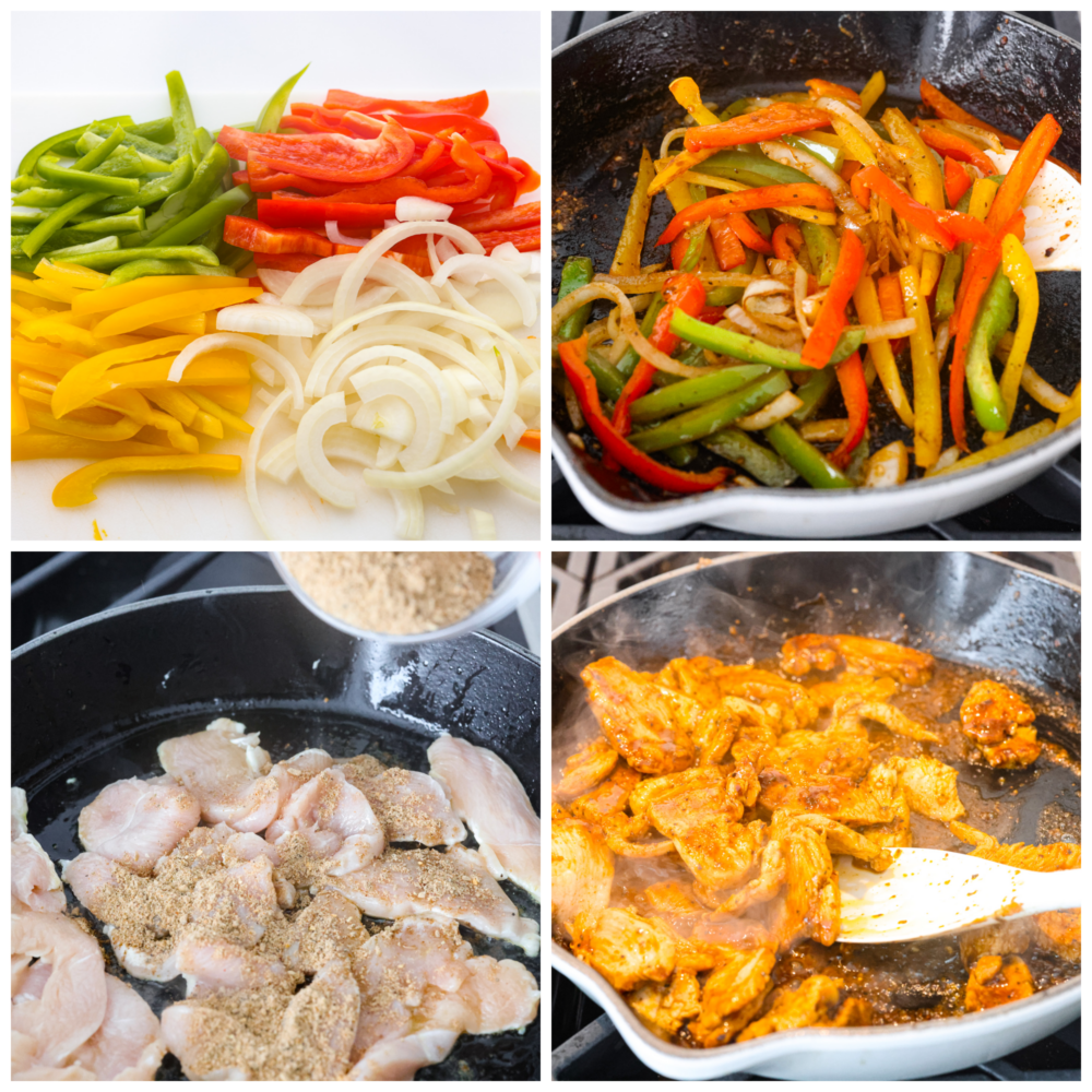 These Chicken Fajitas are served sizzling hot with all of your favorite toppings. This meal needs just one pot and is ready in under 30 minutes. It's flavorful and always a crowd-pleaser! Process photos showing the raw veggies being cooked and the chicken being cooked.