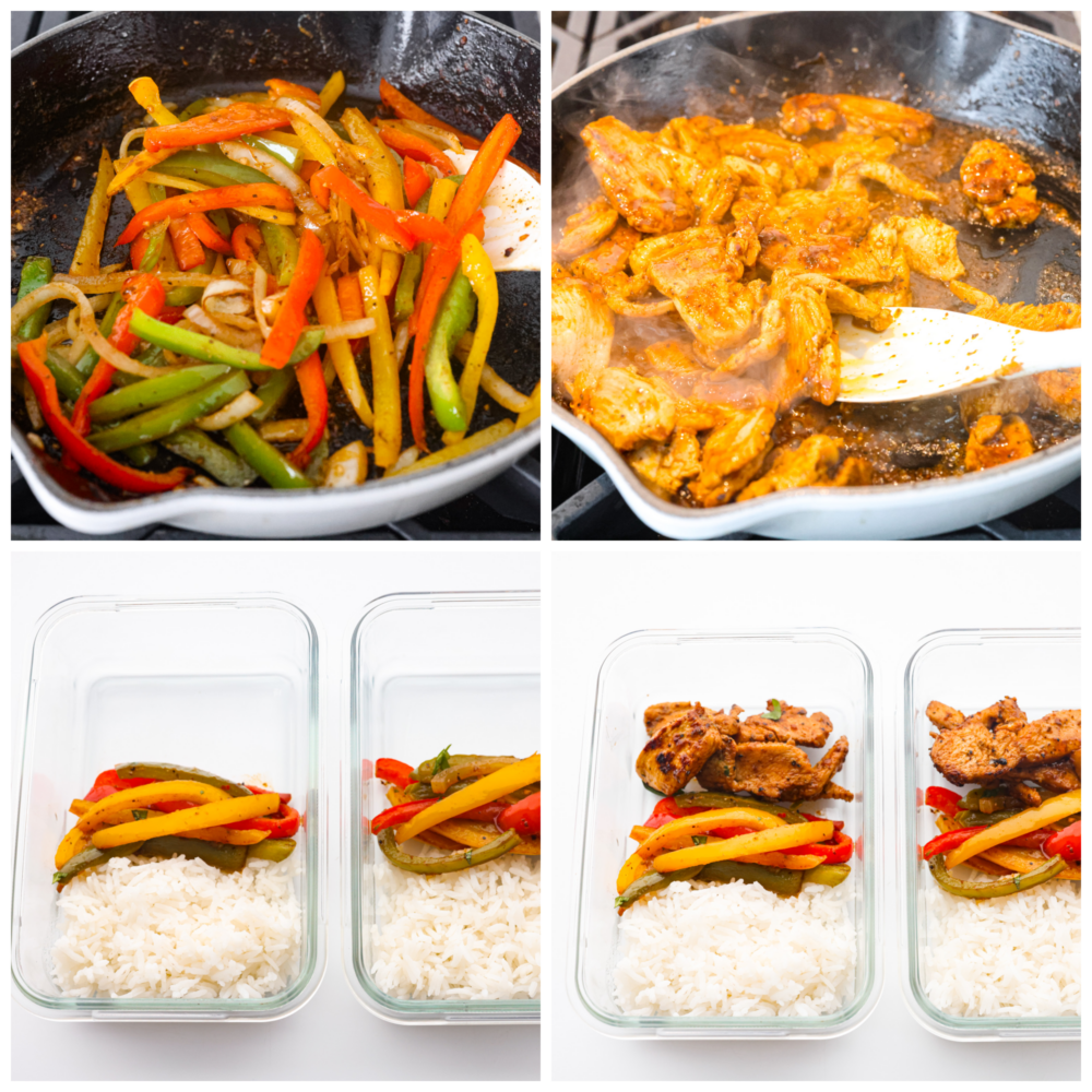 Whether you are trying to stick to a diet, eat out less, or just stop stressing about what to make for dinner, these Chicken Fajita Meal Prep Bowls are your answer! This recipe makes a flavorful and filling meal that is ready to go for the perfect work lunch or quick dinner. Process photos showing how to cook the veggies, meat and put them in the containers.