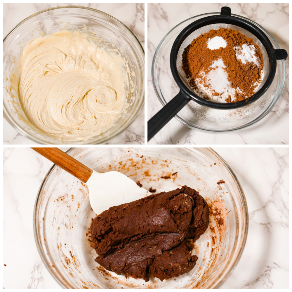 Chocolate crinkle cookies are classic chocolate cookies with a decadent chewy texture. The crinkle top on these rich fudgy cookies have a sweet sugar coating making them everyone's favorite holiday cookie! First photo with browned butter, cream cheese, sugar, and egg mixed. Second photo of dry ingredients being sifted. Third photo of the dough combined and ready to roll.