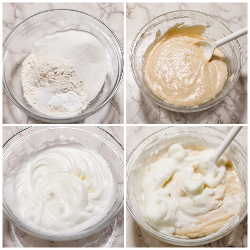 If you're looking for a dessert that is absolutely delicious but also looks great on the holiday dinner table, these Christmas tree cupcakes are it! Moist vanilla cupcakes topped with homemade buttercream frosting that almost look too good to eat! 4-photo collage of cake batter being mixed together.