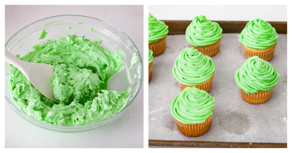 If you're looking for a dessert that is absolutely delicious but also looks great on the holiday dinner table, these Christmas tree cupcakes are it! Moist vanilla cupcakes topped with homemade buttercream frosting that almost look too good to eat! Buttercream frosting being prepared and added to the cupcakes.