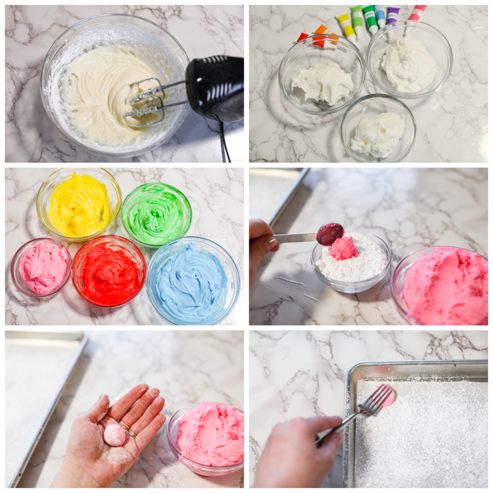 This classic and timeless Cream Cheese Mint is the perfect melt-in-your-mouth candy to make for your next party. They are creamy and sweet with a hint of mint flavor that is so refreshing, you'll want to eat them again and again! Process photos showing the batter being made in a glass bowl, then separated and colored, then dipped in powdered sugar and rolled, then pressed into shape.