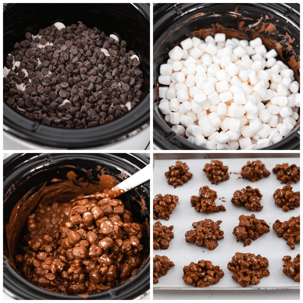 Christmas baking doesn't get much easier than this super simple Crockpot Candy recipe! Made with chocolate, marshmallows, and peanuts, just toss all of the ingredients in your crockpot, mix it together, melt, and scoop and you have one of my family's favorite treats! Process photos showing all of the ingredients being added to the crockpot, then melted, then dropped onto a parchment paper.