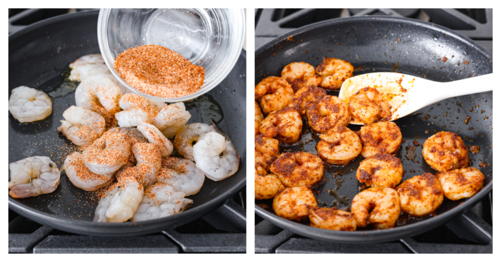 These easy shrimp tacos are the perfect simple dinner for busy weeknights! Plump, juicy shrimp are cooked in a flavorful spice blend then wrapped in warm flour tortillas and piled high with your favorite toppings. 2-photo collage of shrimp being seasoned and cooked in a skillet.