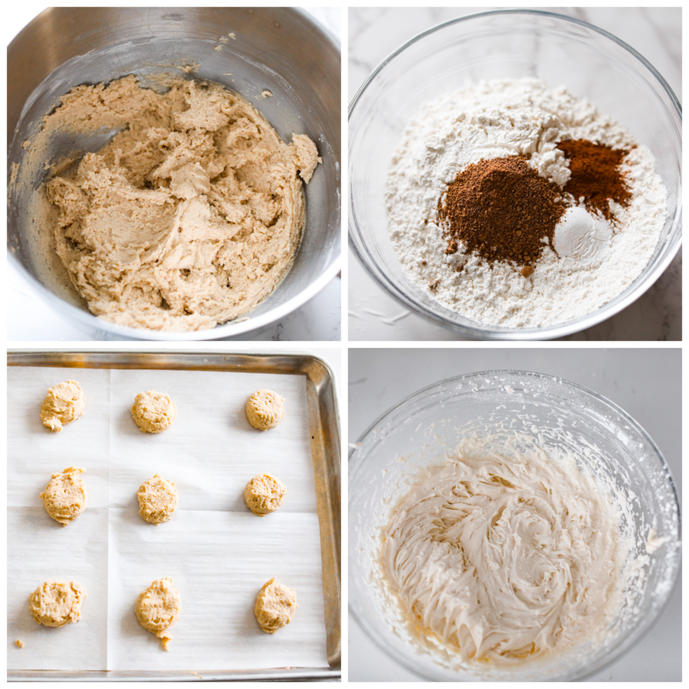 These eggnog cookies are soft, chewy, and beautifully flavored with hints of cinnamon and nutmeg. They are going to become fast favorites with their heavenly eggnog glaze! 4-photo collage of cookie dough being prepared and added to a baking sheet.