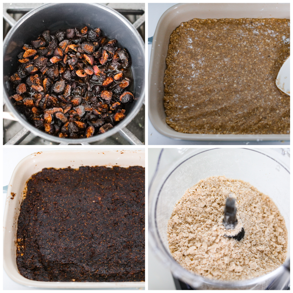 So much better than store bought and so fun to make, these oatmeal fig bars are sweet and salty and everything you hope they would be! The sticky fig jam is sandwiched between two delicious layers of oatmeal crumble and crust. You really can't beat this sweet treat! Process photos showing the fig jam being made, then adding the crust, jam, and crumble to the pan.