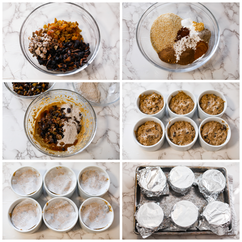 Figgy pudding is a steamed cakelike dessert made from soaked dried fruit and holiday spices. This traditional British dessert has been enjoyed and loved by all at Christmas time for centuries. First photo is the dried fruit in a bowl. Second photo is the spices and flour mixture in a bowl. Third photo is the flour mixture combined with the fruit mixture. Fourth photo is figgy pudding in the ramekins. Fifth photo is the ramekins covered in parchment paper. Sixth photo is aluminum foil covering the ramekins of figgy pudding on a baking sheet.