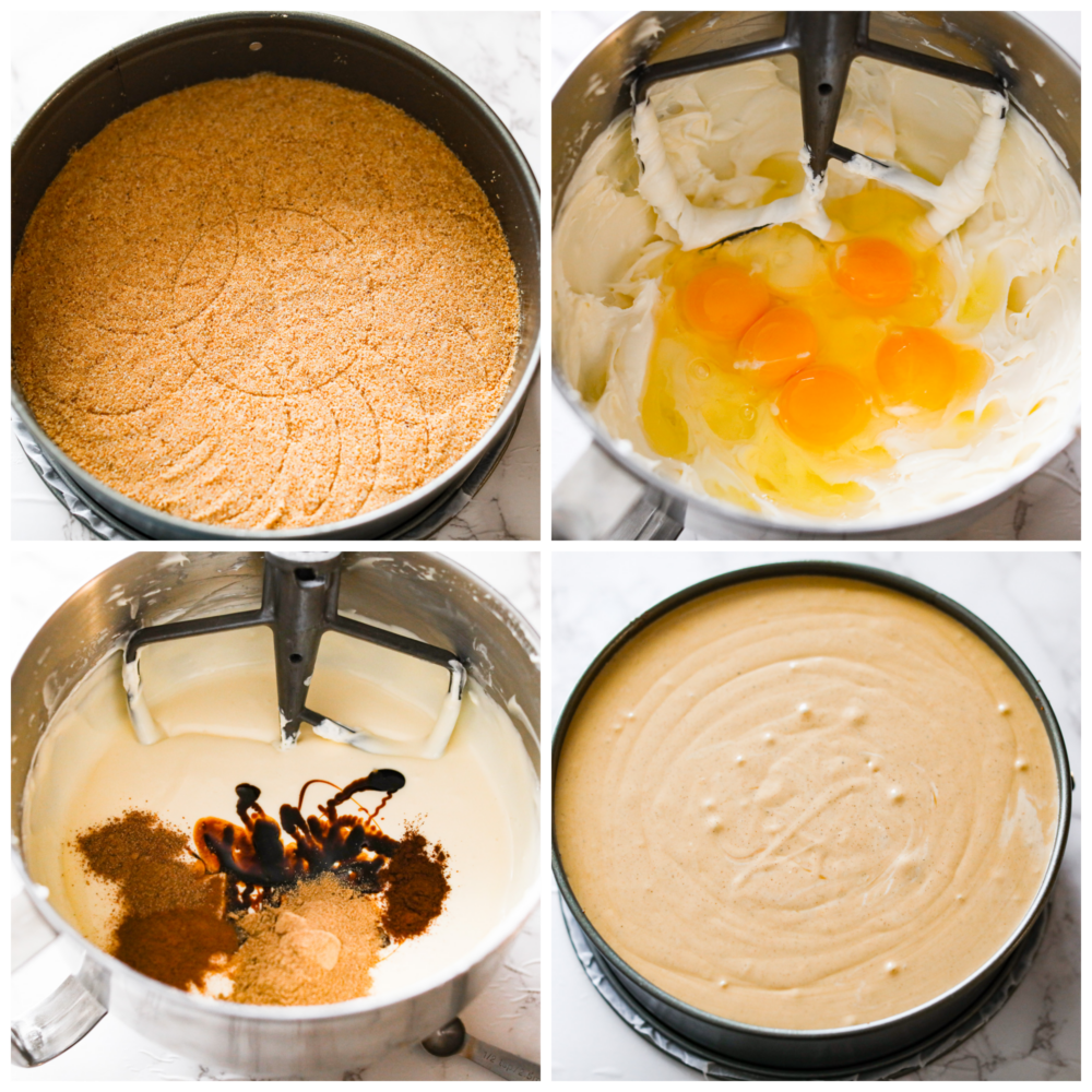 Creamy Gingerbread Cheesecake with a graham cracker crust is the perfect holiday dessert! Full of gingerbread spices and rich molasses flavor, it is sure to be your new favorite Christmas dessert! Process photos showing the graham cracker crust in the pan, the batter being made and then poured on top of the crust.