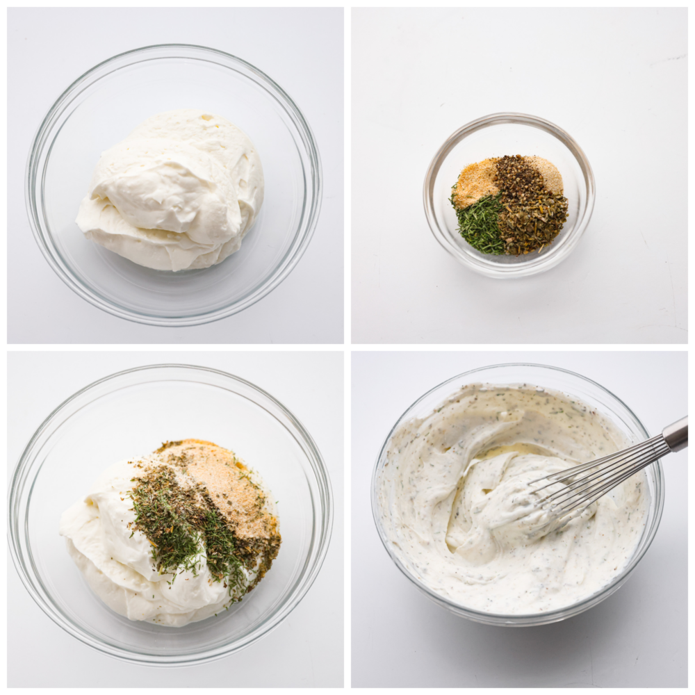 Creamy, tangy, and packed with fresh herbs, this Greek yogurt dip is the best addition to any veggie platter! Serve it up with fresh vegetables and your favorite crackers for a snack that's both healthy and delicious. 4-photo collage of dip ingredients being added to a glass bowl and mixed together.
