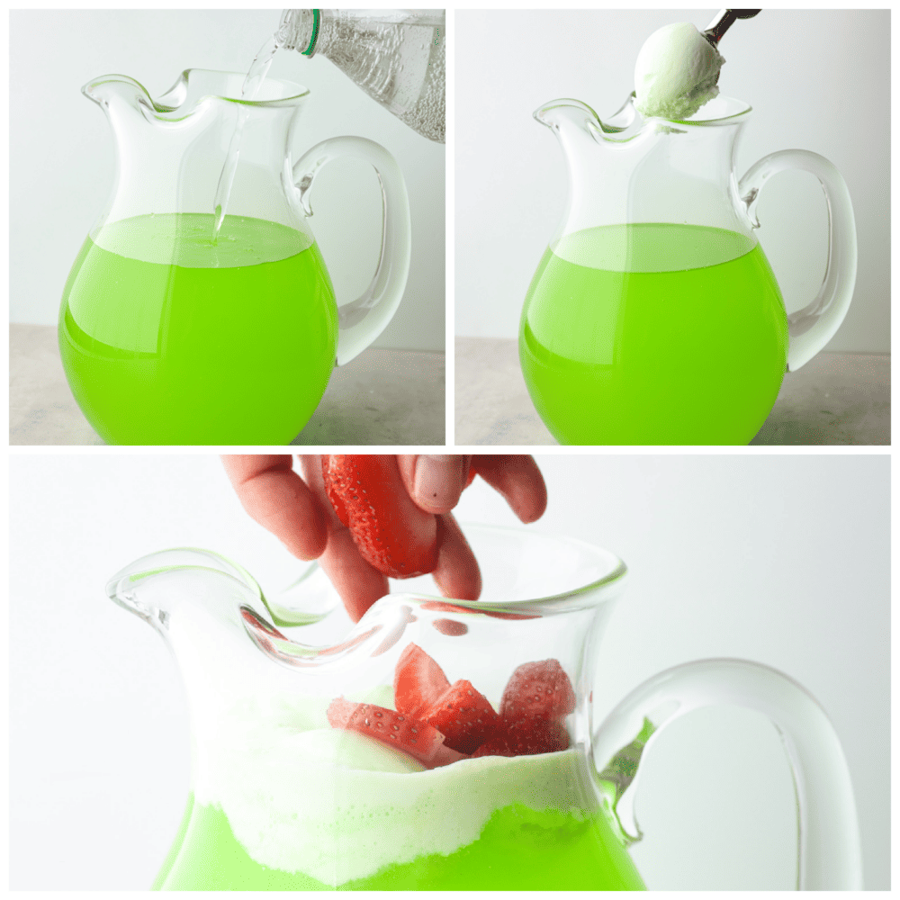 Grinch punch is a fun and festive drink for the holidays that comes together with just 4 ingredients! This tasty drink is bursting with lime and strawberry flavor. It's the perfect addition to any Christmas meal! 3-photo collage of punch being prepared.