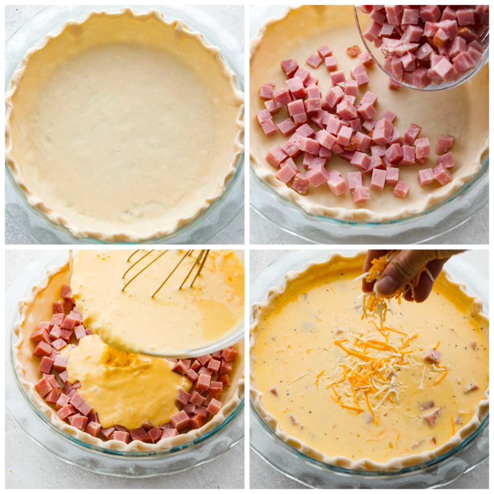 Ham and Cheese Quiche is a classic combination that is sure to make this quiche a new family favorite! Easy to put together, this dish is perfect for brunch, breakfast, or even dinner! 4 pictures showing how to put together a quiche before baking it.