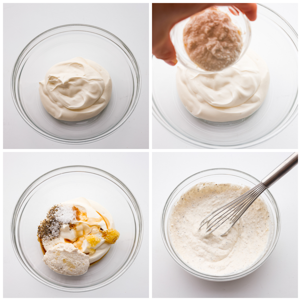 This Horseradish Sauce is creamy and full of flavor. The horseradish is strong and spicy, and paired with sour cream and other unique flavors, this sauce takes any dish to the next level! Process photos showing the ingredients being added to a glass bowl, and then whisked together.
