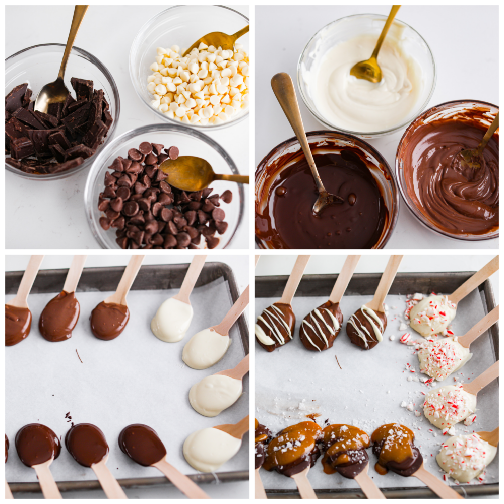 These quick and easy hot chocolate spoons are the BEST! Not only are they adorable and the perfect holiday gift, but they make a knockout cup of hot cocoa! 4-photo collage of chocolate being melted and added to wooden spoons.