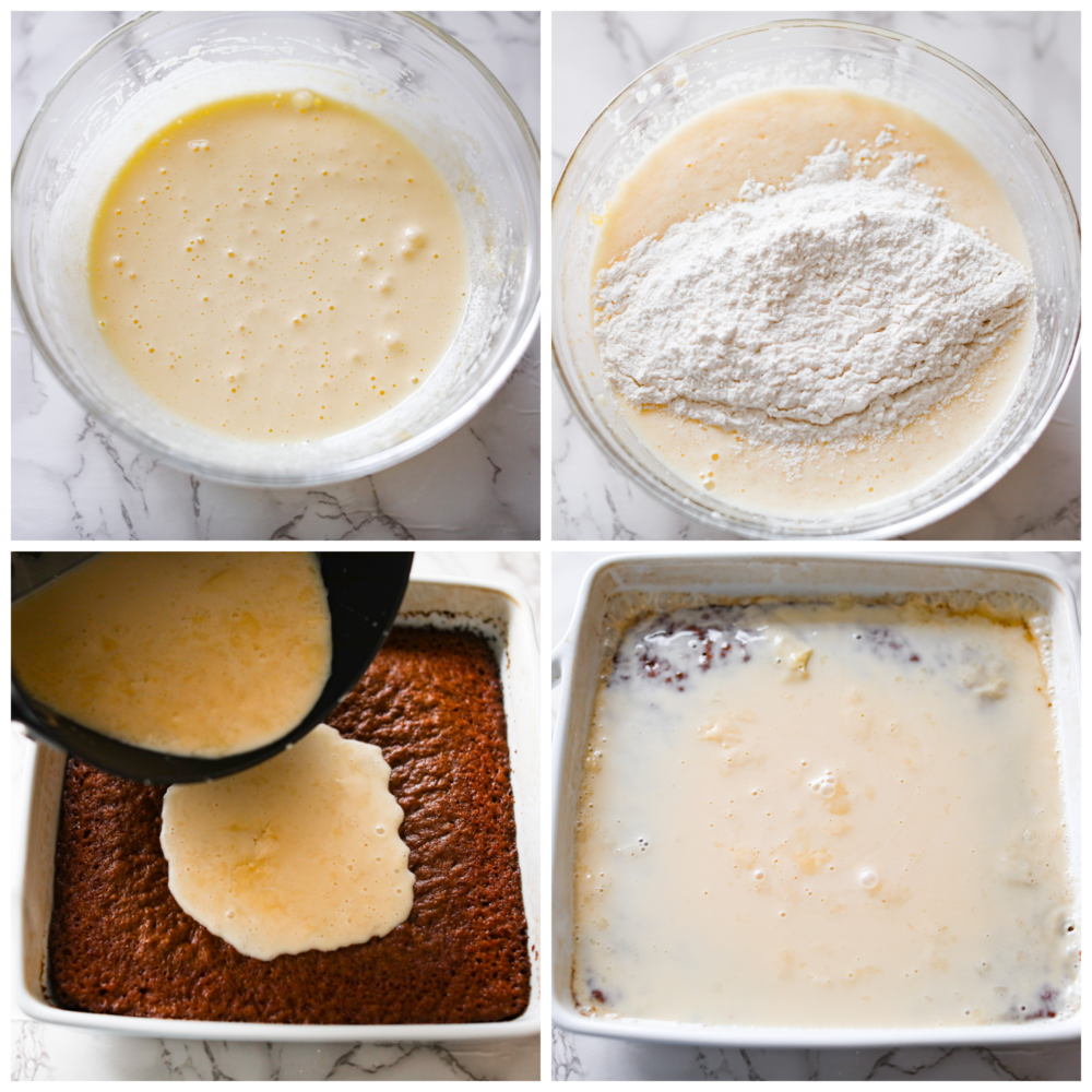 Malva pudding is a delicious cake-like dessert with an amazing caramelized outer layer. Itโs extra moist, soft, and bursting with apricot flavor. 4-photo collage of cake and glaze being prepared.