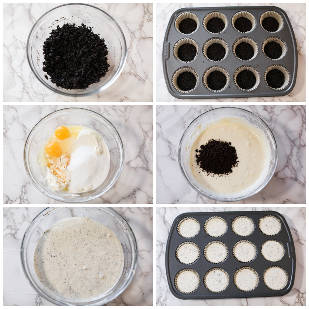 These adorable mini Oreo cheesecakes are melt-in-your mouth creamy and full of chocolate cookie flavor! Not only are they insanely good, but super easy to make as well! Be prepared for them to fly off the table in all of their smooth, chocolatey goodness. 6-photo collage of Oreo crust and cheesecake filling being prepared.