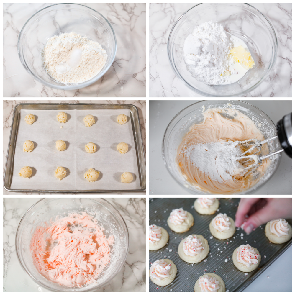 These peppermint meltaways literally melt in your mouth with each and every bite. The combination of butter, powdered sugar, and cornstarch creates a fluffy and delicious cookie that everyone will LOVE! First photo of dry ingredients in a bowl. Second photo of butter and dry ingredients in a bowl. Third photo of the peppermint meltaway dough formed into balls on a baking sheet. Fourth photo of powdered sugar being mixed into the frosting. Fifth photo of the the pink frosting in a bowl. Sixth photo of crushed peppermint candy sprinkled on top of a cookie.