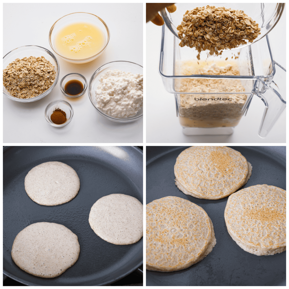 Healthy and delicious pancakes are a great start to your morning routine! These protein pancakes are packed with ingredients that are sure to keep you satisfied and give you the energy you need to tackle the day! First photo of the pancakes ingredients. Second photo of the oats being poured into the blender. Third photo of pancakes cooking on a skillet. Fourth photo of pancakes flipped and cooked on the skillet.