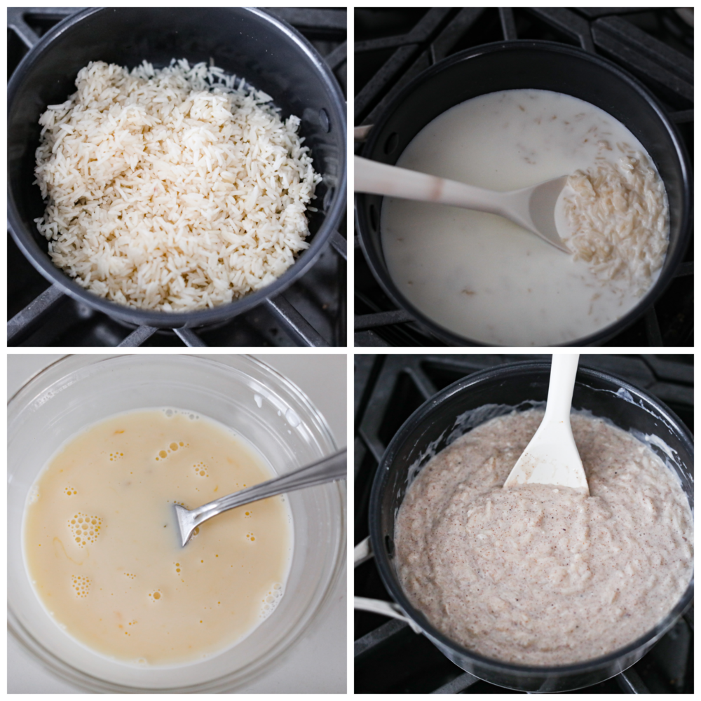 Rich, creamy rice pudding is delicious warm or cold, and lightly spiced with just a hint of cinnamon and nutmeg. It's the coziest, most comforting dessert of all! We love it with plump golden raisins! 4-photo collage of pudding being prepared.