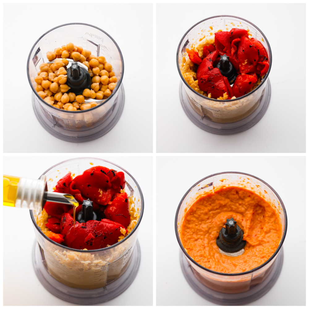 Roasted red pepper hummus is full of vibrant and bold flavors. It's a creamy chickpea-based dip that is perfect served with fresh vegetables or pita chips. It's always a party guest favorite! Process photos showing the ingredients being blended in a food processor.