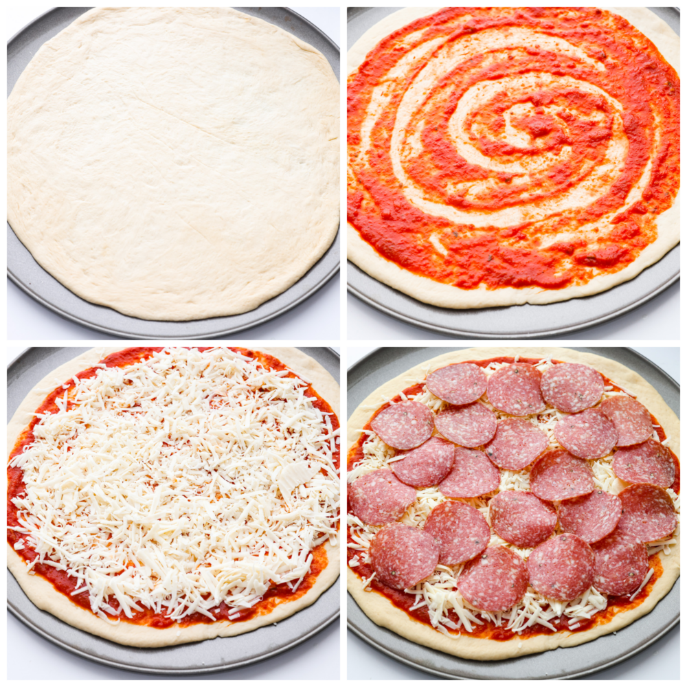 Salami Pizza is a quick and easy recipe that is sure to satisfy the whole family! A homemade pizza with all the flavor of your favorite pizzeria that is ready in just under 30 minutes, this salami pizza is definitely going to be one you come back to again and again. Process photos showing the dough, then sauce added, then cheese and salami.