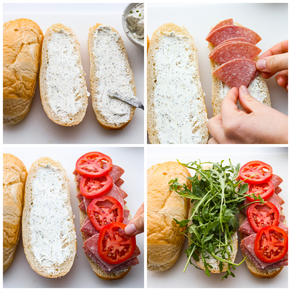 This simple and refreshing Salami Sandwich is full of salami, garlic and herb cream cheese, tomato and arugula. It's a flavor packed and quick meal that is sure to satisfy! Process photos showing the sandwich being made with cream cheese smear, salami, tomato, and arugula.