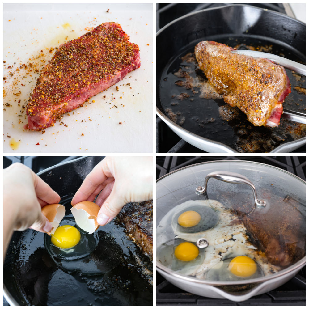 Steak and eggs is a hearty and delicious breakfast packed with protein and flavor! Tender and juicy pan-seared steak is seasoned to perfection and served alongside eggs sunny side up. First photo of seasoned steak. Second photo of steak frying. Third photo of an egg being cracked into the pan. Fourth photo of a lid placed on top of the skillet to cook the eggs.