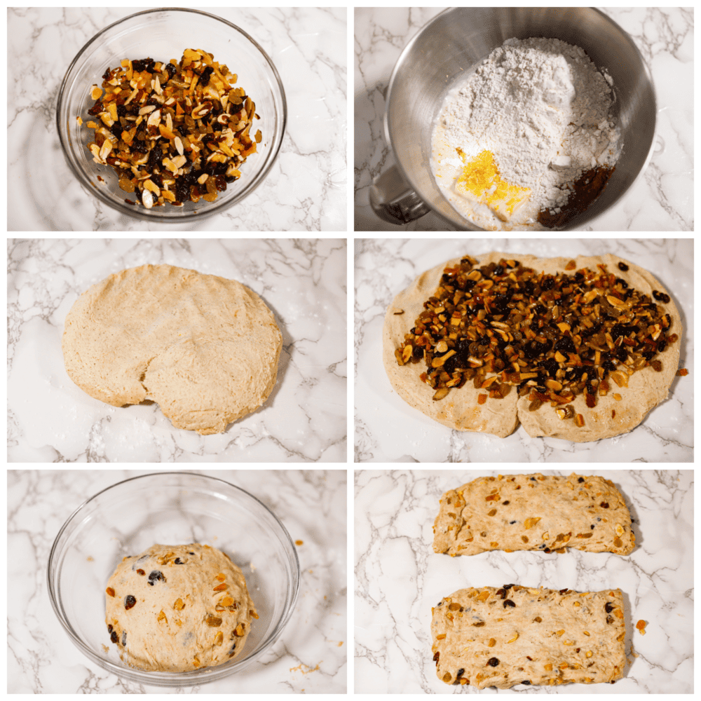 This traditional German stollen bread is the perfect treat for the holidays! It's a delicious sweet bread filled with cranberries, raisins, candied citrus, and a luscious almond filling. 6-photo collage of dough being prepared.