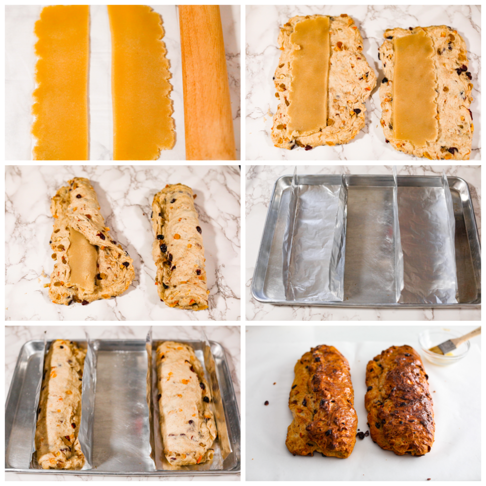 This traditional German stollen bread is the perfect treat for the holidays! It's a delicious sweet bread filled with cranberries, raisins, candied citrus, and a luscious almond filling. Almond filling being added to the stollen and baked.